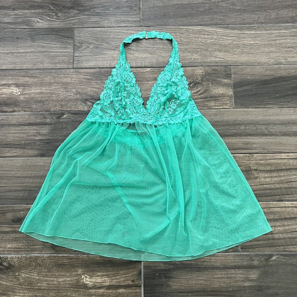 Victoria Secret Turquoise Lace Sheer Lingerie Slip Dress Size Large